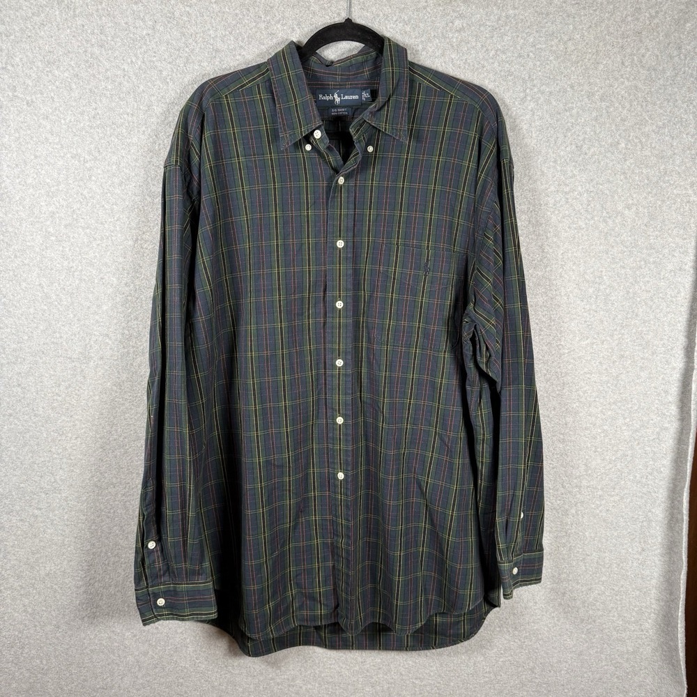 Ralph lauren big shirt mens XL green plaid button up vintage 90s pony